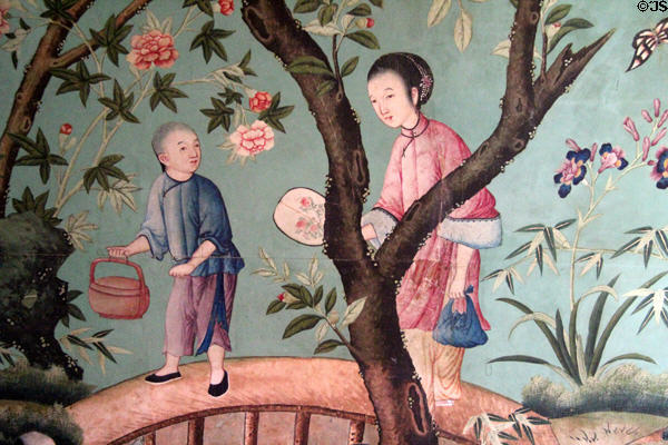 Detail of Chinese wallpaper (1822) with Chinese scene in drawing room at Abbotsford House. Melrose, Scotland.