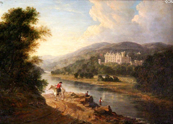 Painting of Abbotsford from across Tweed (1828?) by artist of Scottish School at Abbotsford House. Melrose, Scotland.