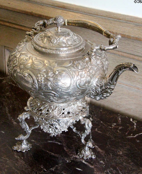 Silver tea kettle on stand (1818) by S. Hougham, S. Royes & J.E. Dyx at Abbotsford House. Melrose, Scotland.