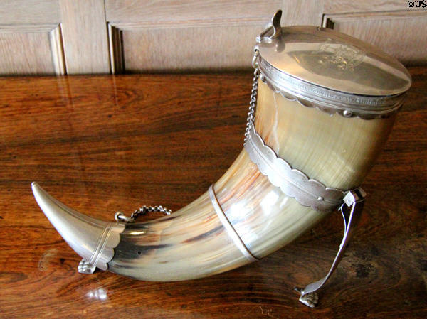 Mounted buffalo horn cup (19thC) with arms of Sir Walter Scott at Abbotsford House. Melrose, Scotland.