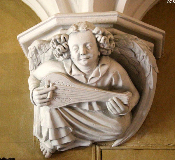 Angel playing lute on corbel in ante-room at Abbotsford House. Melrose, Scotland.