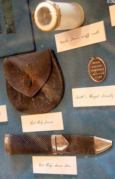 Leather purse & skean-dhu (sgian-dhu) which reputedly belonged to Rob Roy at Abbotsford House. Melrose, Scotland.