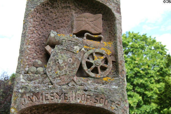 James II of King of Scots arms carved on King James obelisk at Dryburgh Abbey. Scotland.