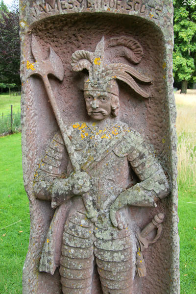 James II of King of Scots carved on King James obelisk at Dryburgh Abbey. Scotland.