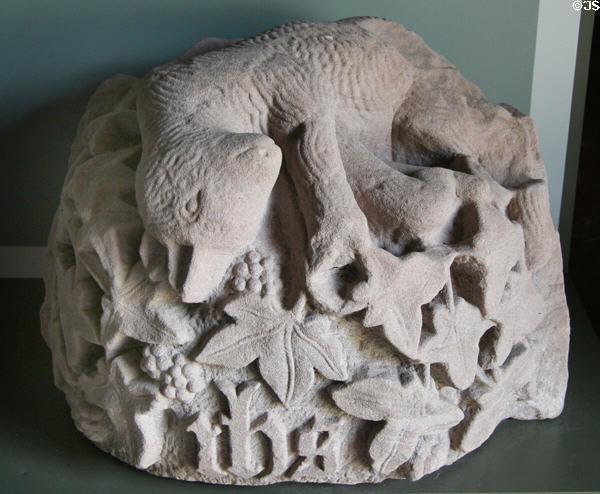 Ceiling boss carved with lamb (Agnus Dei) at Dryburgh Abbey. Scotland.