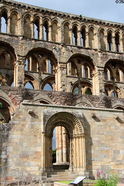 Romanesque west processional doorway at Jedburgh Abbey. Jedburgh, Scotland.