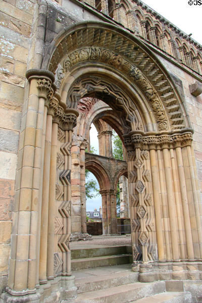 Romanesque west processional doorway at Jedburgh Abbey. Jedburgh, Scotland.