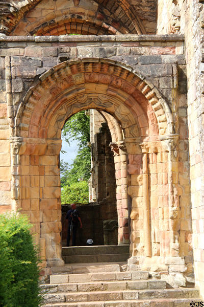 Romanesque east processional doorway at Jedburgh Abbey. Jedburgh, Scotland.