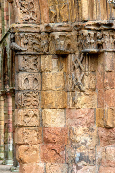 West front doorway carving details Jedburgh Abbey. Jedburgh, Scotland.