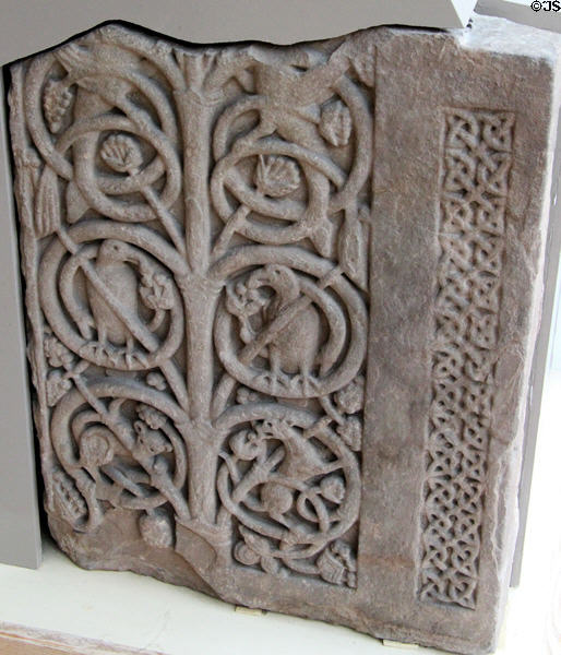 Carved stone shrine fragment (8thC) in museum at Jedburgh Abbey. Jedburgh, Scotland.
