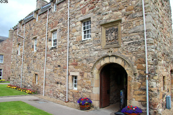Coat of arms over entrance at Mary Queen of Scots House. Jedburgh, Scotland.