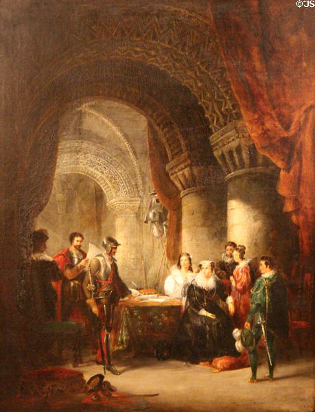Abdication of Mary Queen of Scots at Lochleven Castle painting (19thC) by Thomas Miles Richardson at Mary Queen of Scots House. Jedburgh, Scotland.