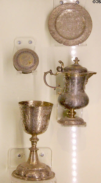Silver communions set (1586) inscribed as presented to Maria Stuart Queen of Scotland at Mary Queen of Scots House. Jedburgh, Scotland.