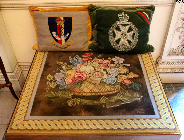Embroidered cushions (1973-4) & tapestry with Roman Mosaic design (1962) by Major Bailie of Manderston at Manderston House. Duns, Scotland.
