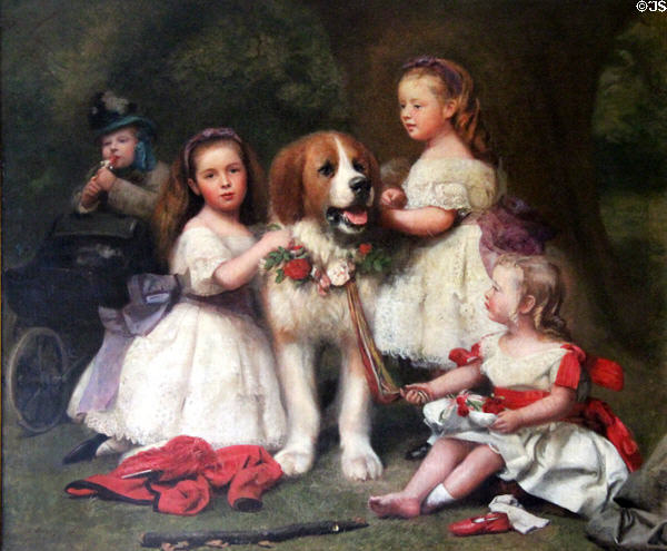 Sir James Miller (left) with sisters Amy & Evelyn, brother William & dog Lion family painting by Charles Luytens at Manderston House. Duns, Scotland.