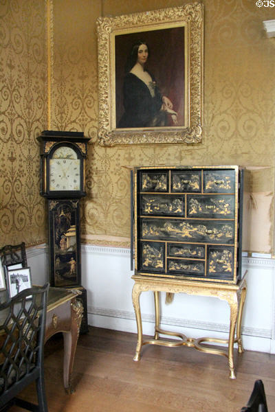 Chinoiserie tall clock & cabinet in tea room at Manderston House. Duns, Scotland.