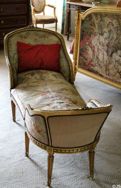 Day bed chaise lounge in shape of two facing chairs in portico bedroom at Manderston House. Duns, Scotland.
