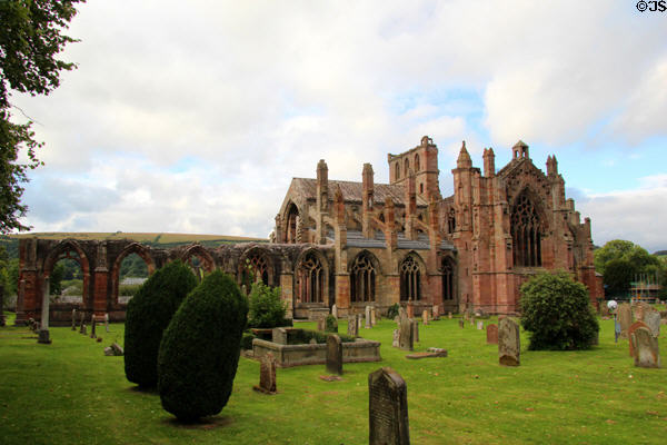 Melrose Abbey ruins (with parts dating from founding in 1136) run as museum by Historic Scotland (HES). Melrose, Scotland.