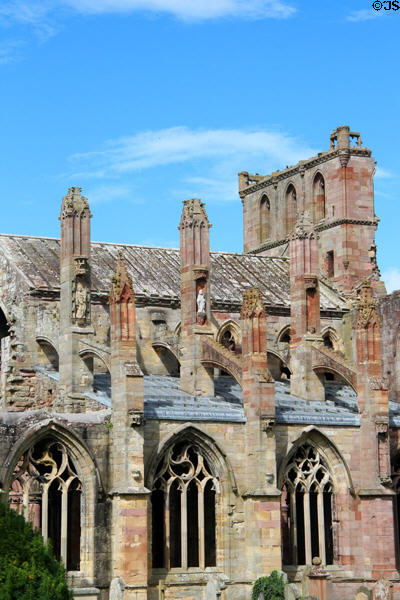 Flying buttresses with sculptures at Melrose Abbey. Melrose, Scotland.