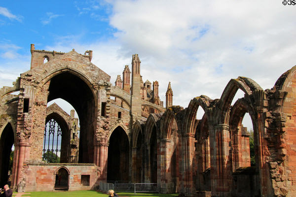 Arches in ruins of nave with screen which closed off monk's choir at Melrose Abbey. Melrose, Scotland.