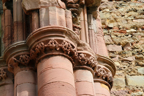 Carved columns at Melrose Abbey. Melrose, Scotland.