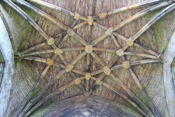 Presbytery ceiling decorated with Apostle carvings at Melrose Abbey. Melrose, Scotland.