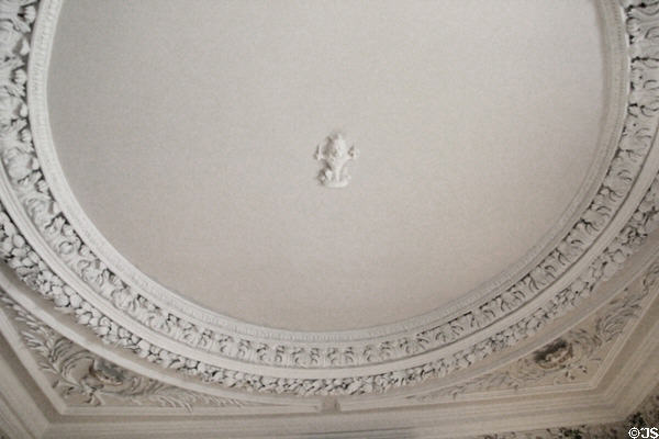 Sculpted ceiling (1600s) with Maitland crest in center in Duke's room at Thirlestane Castle. Scotland.