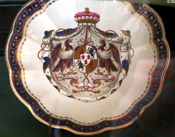 Porcelain plate with Maitland motto "Consilio et Animis" at Thirlestane Castle. Scotland.