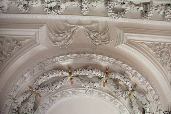 Details of sculpted ceiling of grand bed chamber at Thirlestane Castle. Scotland.