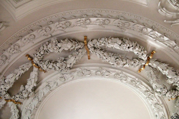 Details of sculpted ceiling of grand bed chamber at Thirlestane Castle. Scotland.