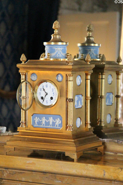 English clock by James William Benson of Bond St., London with Wedgwood bisque inserts at Thirlestane Castle. Scotland.