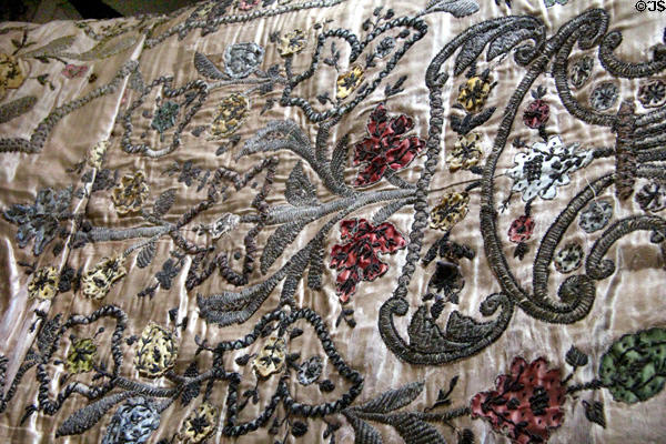 Embroidered bedspread in Bonnie Prince Charlie's room at Thirlestane Castle. Scotland.