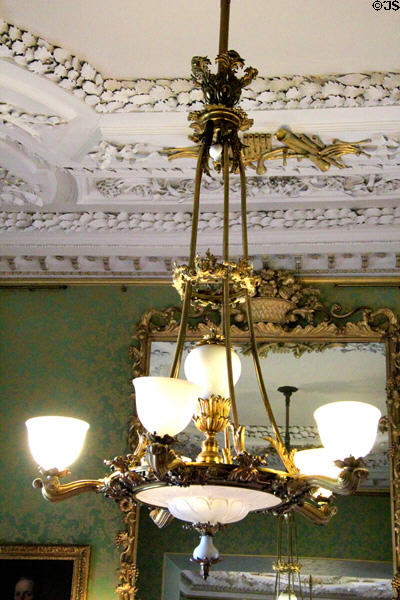 Large drawing room chandelier & sculpted ceiling (1600s) at Thirlestane Castle. Scotland.