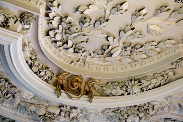 Large drawing room sculpted ceiling (1600s) detail at Thirlestane Castle. Scotland.