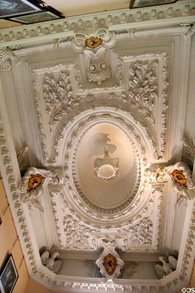 Grand staircase sculpted ceiling (1672) at Thirlestane Castle. Scotland.