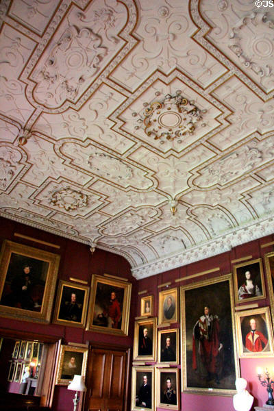 Dining room ceiling & family portraits at Thirlestane Castle. Scotland.