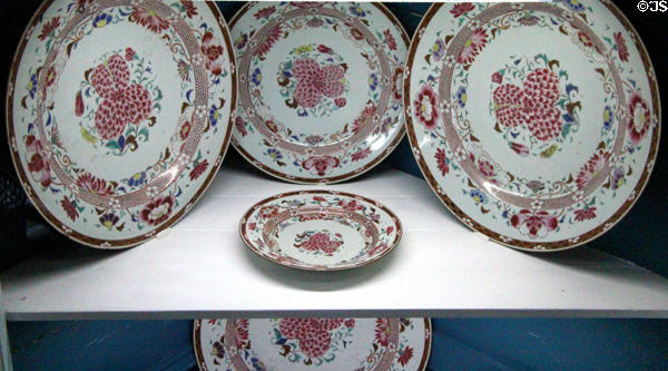 Famille rose porcelain plates at Traquair House. Scotland.