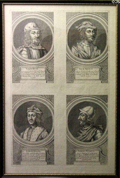 Engraving of Scottish Kings Robert Bruce, David Bruce II, Edward Balliol, & Robert Stuart II at Traquair House. Scotland.
