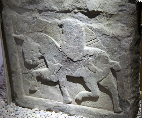 Pictish grave marker with horse & rider at St Vigeans Museum. Arbroath, Scotland.