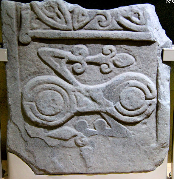 Stone with Pictish double disk & Z-rod symbol at St Vigeans Museum. Arbroath, Scotland.