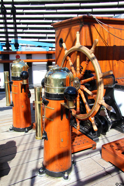 Ship's wheel & binnacles aboard RRS Discovery. Dundee, Scotland.