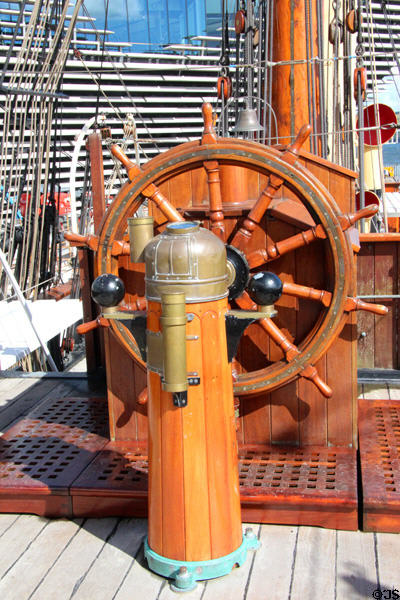 Ship's wheel & binnacle aboard RRS Discovery. Dundee, Scotland.