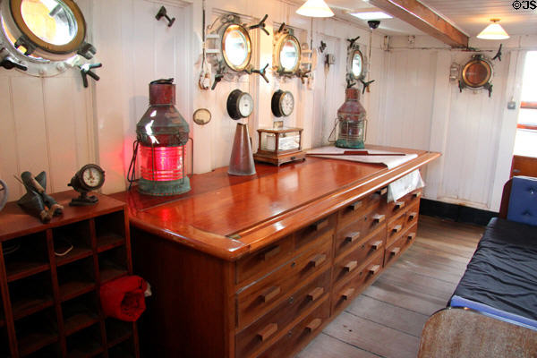 Chart table & lanterns on bridge of RRS Discovery. Dundee, Scotland.