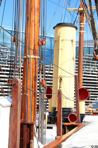Mast & stacks aboard RRS Discovery. Dundee, Scotland.