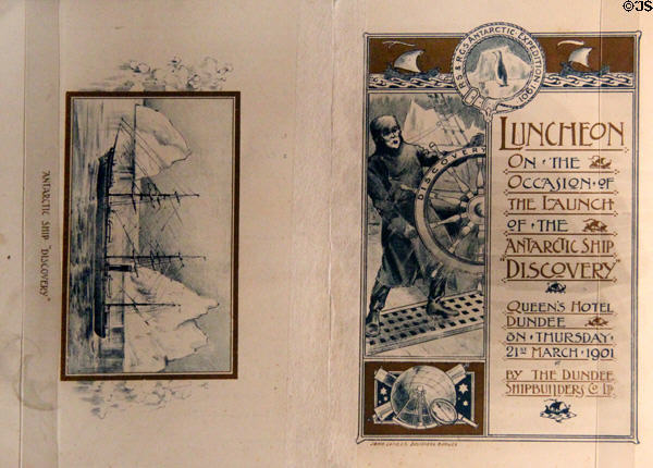 Launch of Antarctic Ship Discovery luncheon menu (March 21, 1901) at RRS Discovery Museum. Dundee, Scotland.