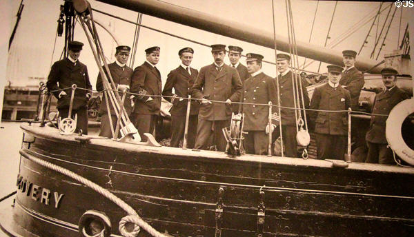 Photograph of Antarctica expedition officers at RRS Discovery Museum. Dundee, Scotland.