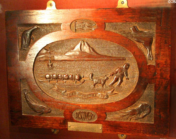 Carving of dogsled & wildlife (1901) made on Antarctic expedition at RRS Discovery Museum. Dundee, Scotland.