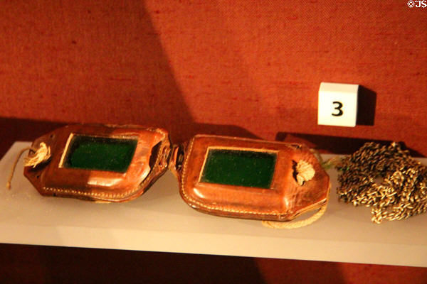 Green glass snowgoggles (1901) used on Antarctic expedition at RRS Discovery Museum. Dundee, Scotland.