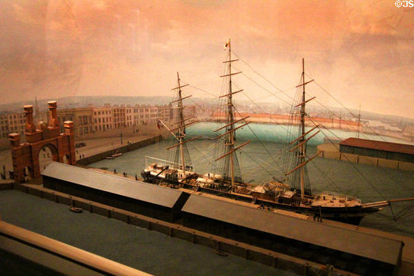 Model of Dundee port with sailing ship transporting jute for linen production at Verdant Works Museum. Dundee, Scotland.