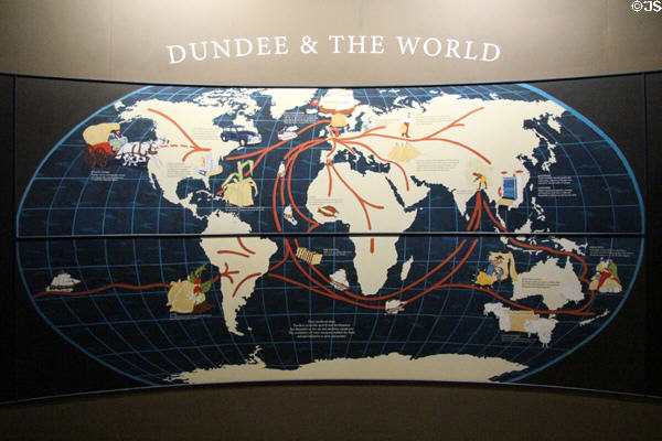 Map of Dundee's trade shipping route at Verdant Works Museum. Dundee, Scotland.